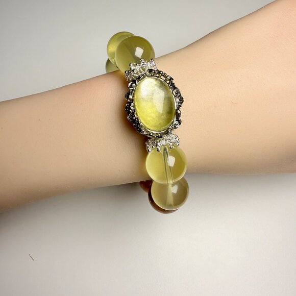 Bold 15mm honey-tone gemstone bracelet featuring Yellow Phantom, Cherry Quartz, - Picture 5 of 10